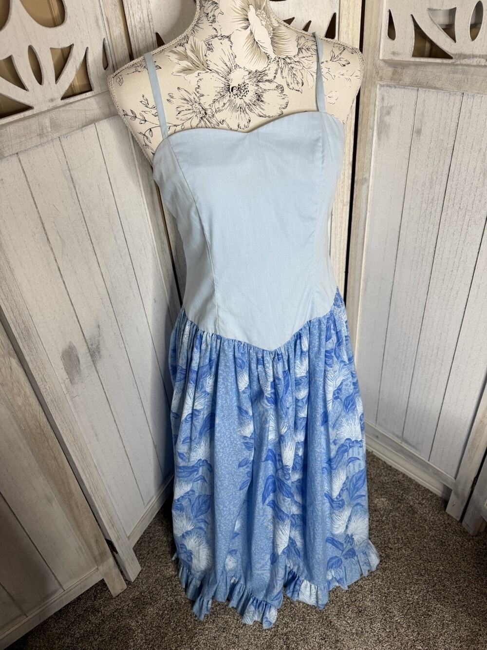 VTG CC Fashions Hawaii Blue Tropical Floral Ruffle Dress Drop Waist Size 7/8